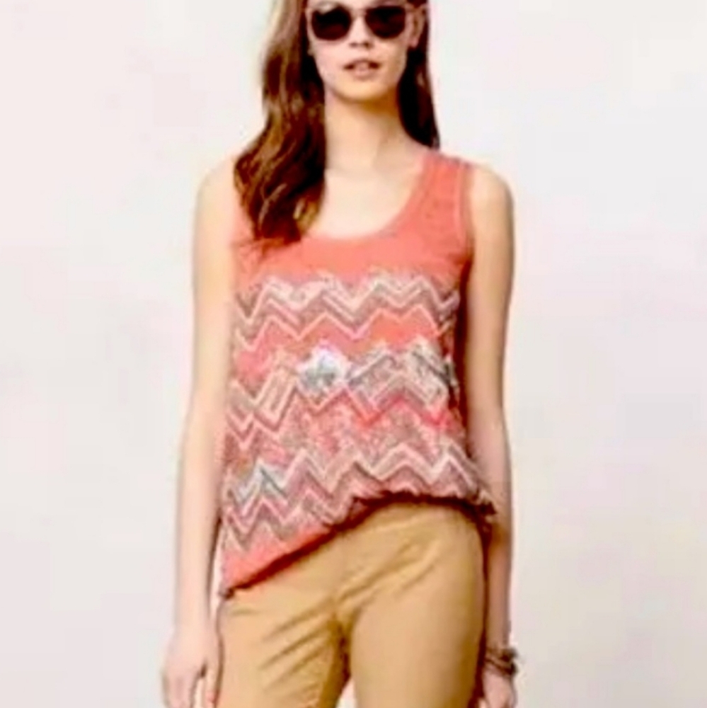 Anthropologie Meadow Rue Chevron Beaded Coral Embelished Boho Top Size S